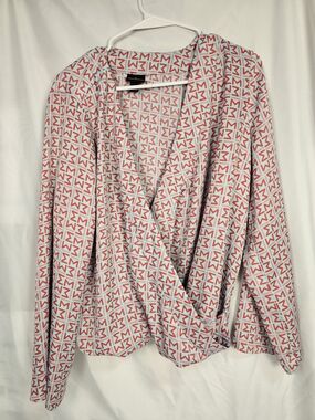 Worthington Aqua Top with Red Geometric Print